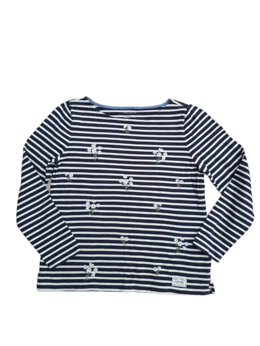 Talbots Authentic Navy White Striped Daisy Embroidered Long Sleeve Top Size L